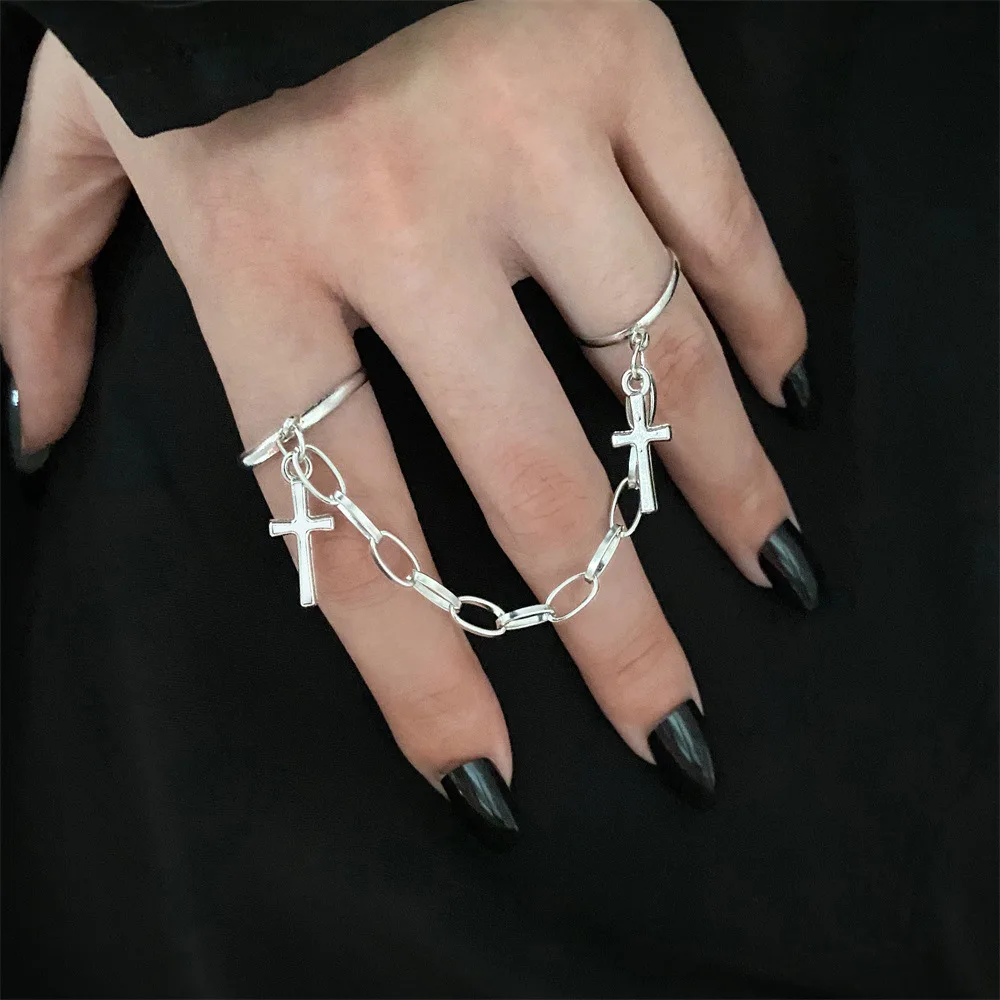 Korean Fashion Cross Two Finger Connected Chain Open Ring For Women Men Personalized Hip-hop Style Popular Ring Wholesale