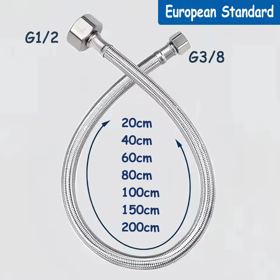 1pc 30/40/60/80Cm 304 Stainless Steel Braided Hose 3/8 Turn 1/2 Double Head Pipe Hot And Cold Faucet Inlet Pipe Extension Hose
