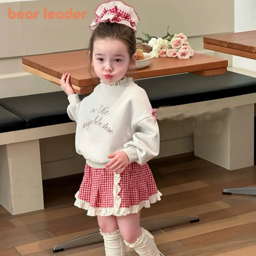 

Bera Leader Sweet Girl's Autumn New Long Sleeved Letter Printed Bow Top + Plaid Skirt Korean Version Cute Children's Clothing