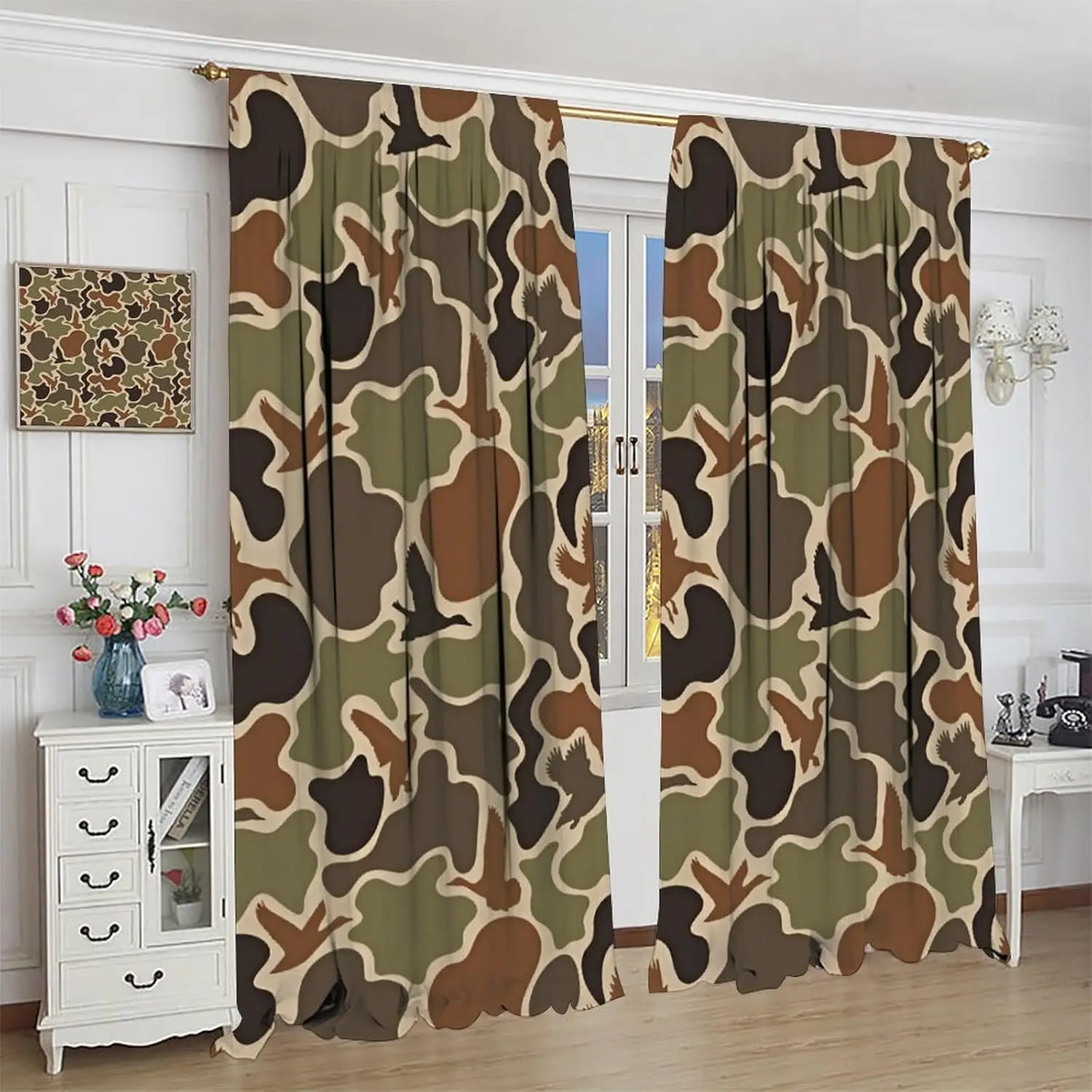 Camouflage Curtains, Rustic Forest Camo Duck Hunting Vintage Green Brown Hunting Wild Animal Window Treatments for Home Kitchen