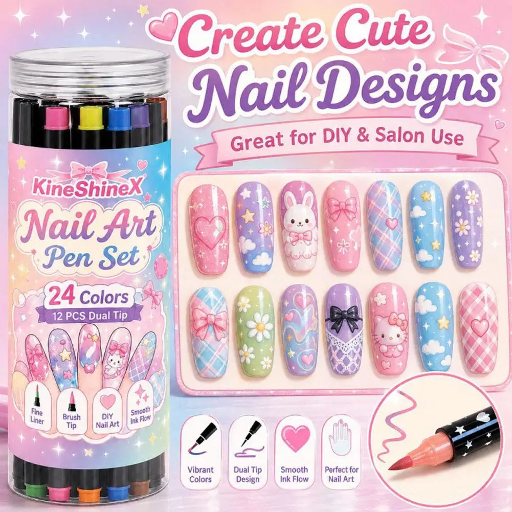 Dual Tip Nail Art Pen Set Fine Liner Nail Art Brush 12 Pieces 24 Colors for DIY French Tips Detailed Manicure Designs