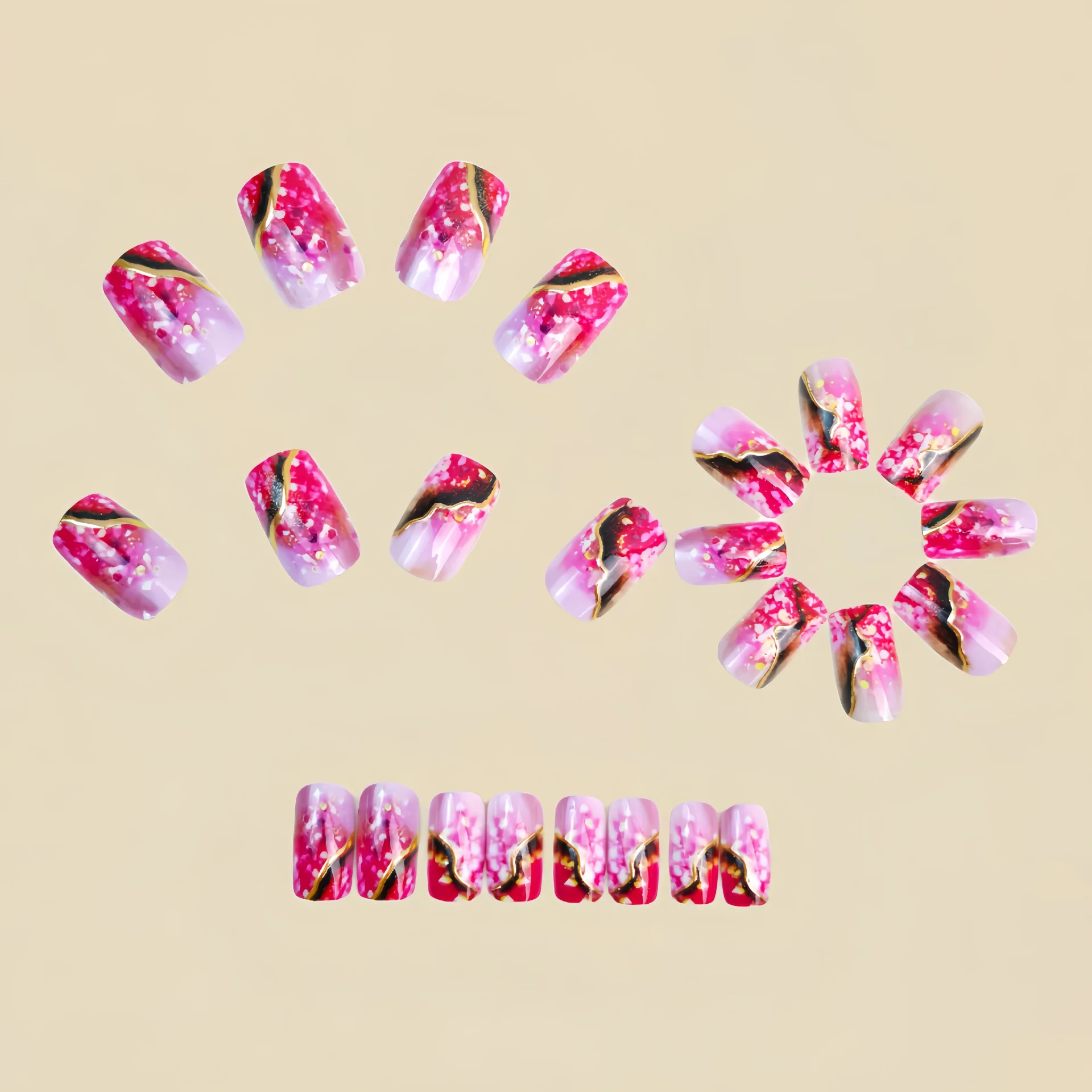 Medium fake nails for women girls gradient pink golden red marble strips printing Square almond nail tips press on false nail