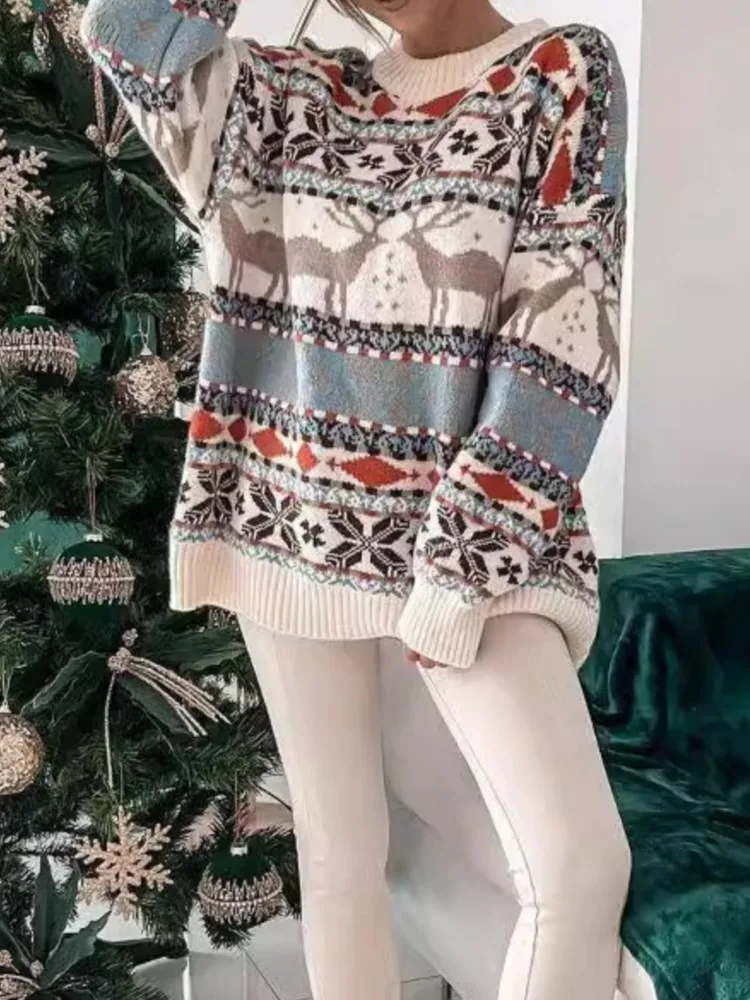 

Fashion Christmas Sweater For Women Casual Cartoon Knit O Neck Long Sleeve Pullovers Tops Sweaters Lady Party Womens Clothing