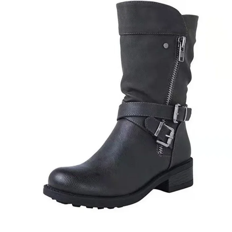 Buty damskie skórzane buty pasek Retro klamra średnio wysokie buty z cholewami okrągły palec 2023 nowe wodoodporne buty Casual damskie Botas De Mujer