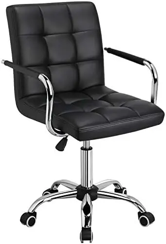 

Office Task Chair Computer Desk Chair Modern Ribbered PU Leather Mid-Back Adjustable Height Comfy Swivel Chair w/Armrests and Wh