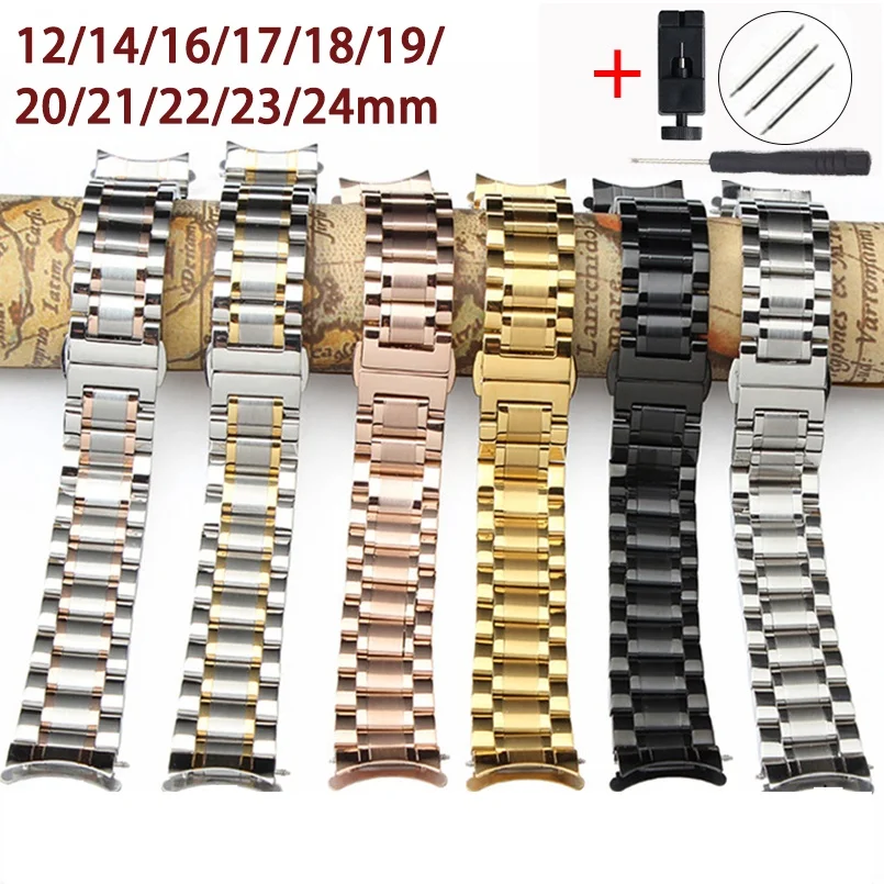 Curved End Watch Band Stainless Steel Strap Metal Wristband 12mm 13mm 14mm 15mm 16mm 17mm 18mm 19mm 20mm 21mm 22mm 23mm 24mm