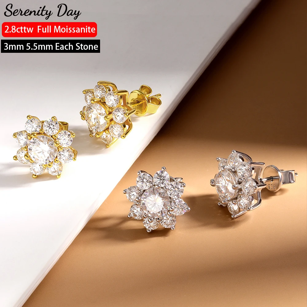 Serenity 2.8cttw Real D Color 3mm 5.5mm Full Moissanite Earrings For Women S925 Sterling Silver Sun Flower Stud Ear Fine Jewelry