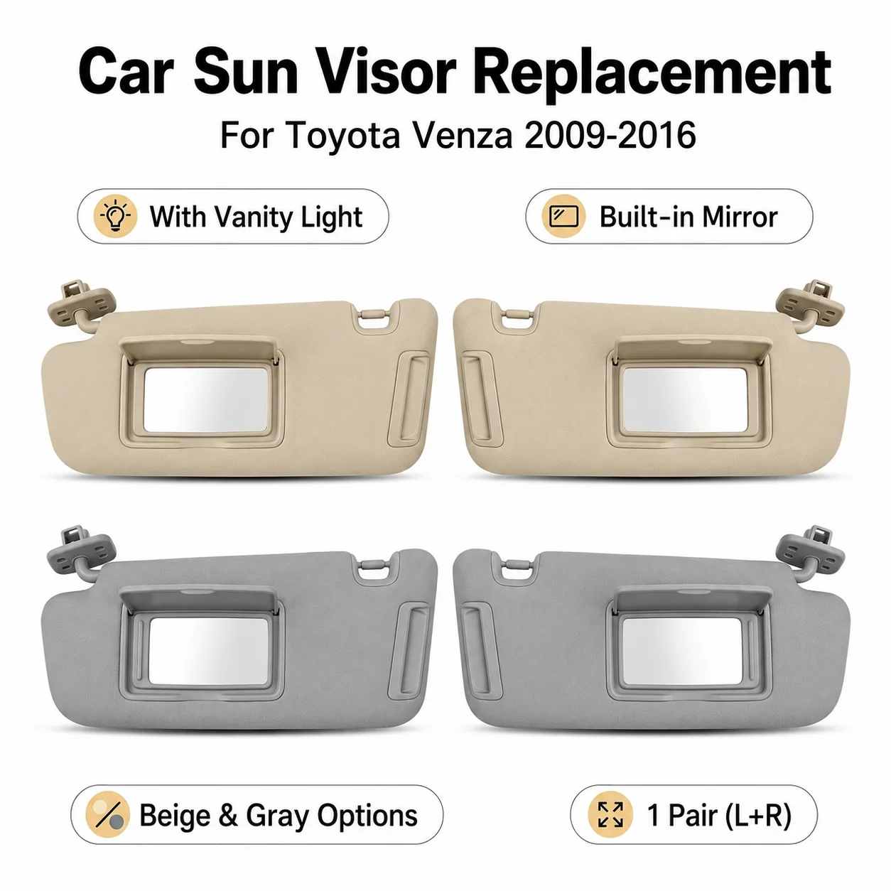 Sun Visor for Toyota Venza 2009-2016 Gray Beige Car Sunshade with Makeup Mirror 74320-0T021-A1 74320-0T021-B1