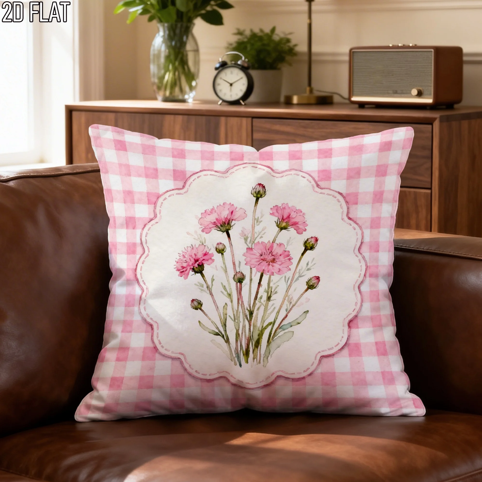 1pc Spring Floral Peach Gingham Throw Pillow Covers Pastel Decorative Pillowcases One Sided Printing for Living Room Bedroom Sofa Bed Decor Without Pillow Inserts