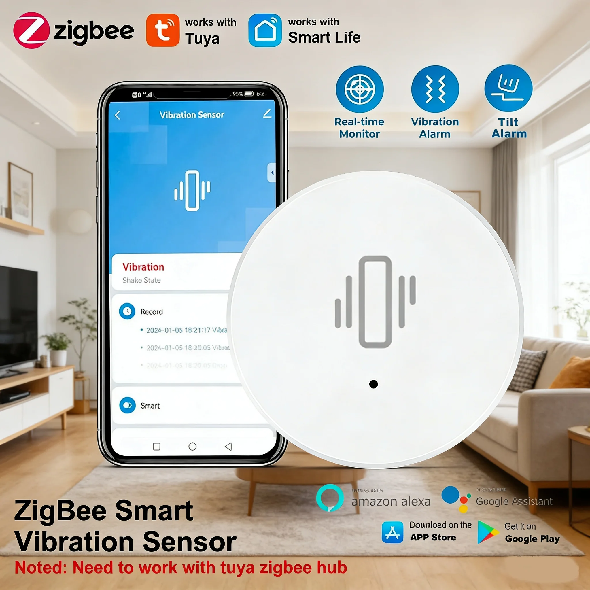 

Датчик вибрации Tuya Zigbee, круговой датчик обнаружения, приложение Smart Life, уведомления, оповещение о движении и ударах в реальном времени, запись