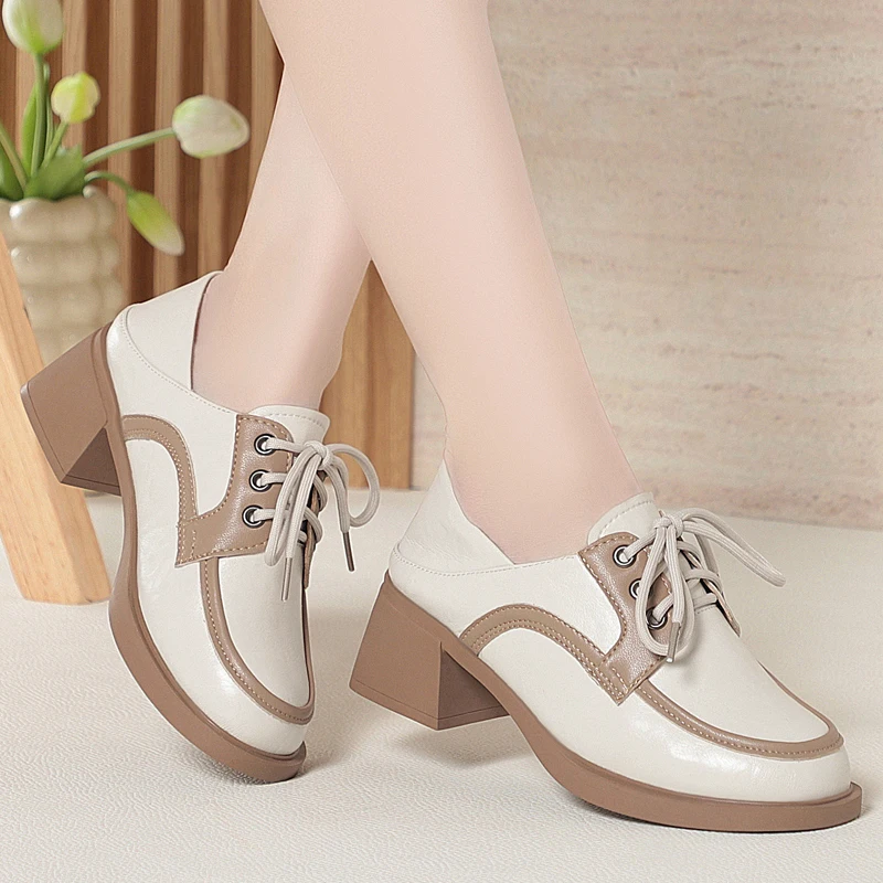 Women's Fashion Dress Shoes 2026 Spring New Genuine Leather British Style Women's Oxford Shoes Mid-Heel Non-Slip Ladies Shoes