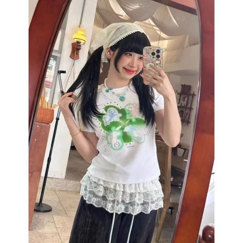 Koreanische Ins Gedruckt Kurzarm Weiß T-shirt Frauen Japanischen Y2k Ästhetischen Slim Fit Crop Top Vintage Süße Casual Tees