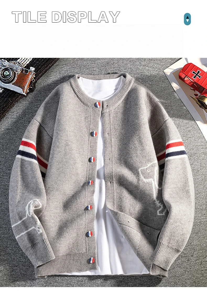 High-End-Marke Strickhemd Männer Frühjahr Herbst neue süße Hund Druck Mode farbige gestreifte Knopf Design Casual Rundhalsabdeckung Pullover Jacke – Detail 17