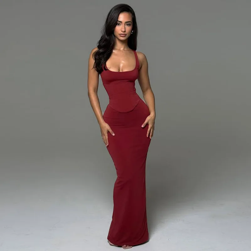 Sommer Geraffte Sexy Verband Kleid Frauen Kleid Quadrat Kragen Ärmelloses Schlank, Figurbetontes Kleid Weibliche Hohe Taille Club Party Langes Kleid – Detail 11