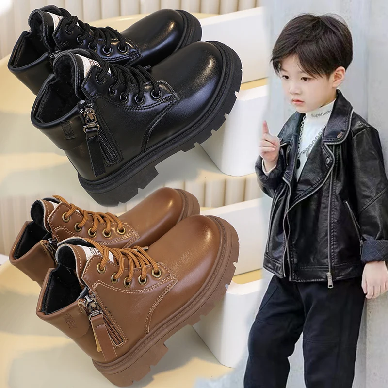 

Детские стеганые сапоги для детей от 3 до 18 лет, коричневые утолщенные хлопковые туфли с подкладкой для мальчиков и девочек, черные нескользящие детские кожаные сапоги