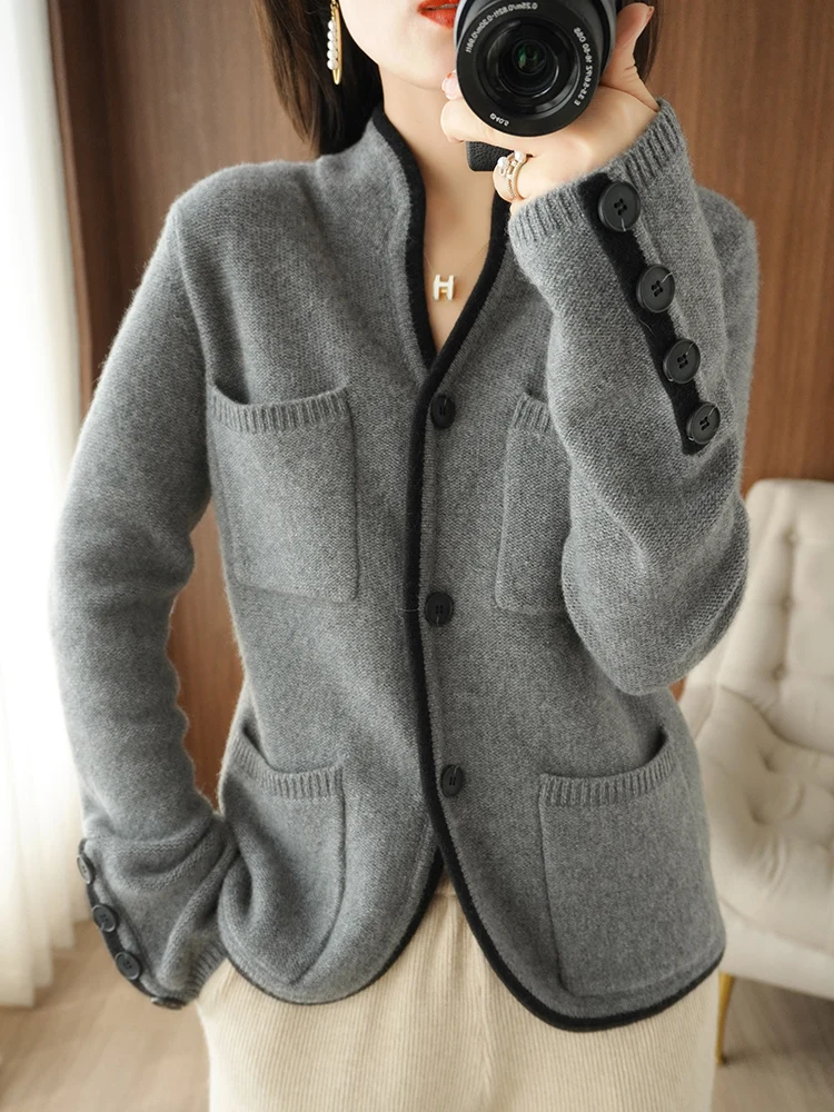 100% Merino Wool Sweater Women\'s Stand-up Collar Cardigan Autumn Winter High Quality Soft Korean Female Cashmere Knitted Clothes