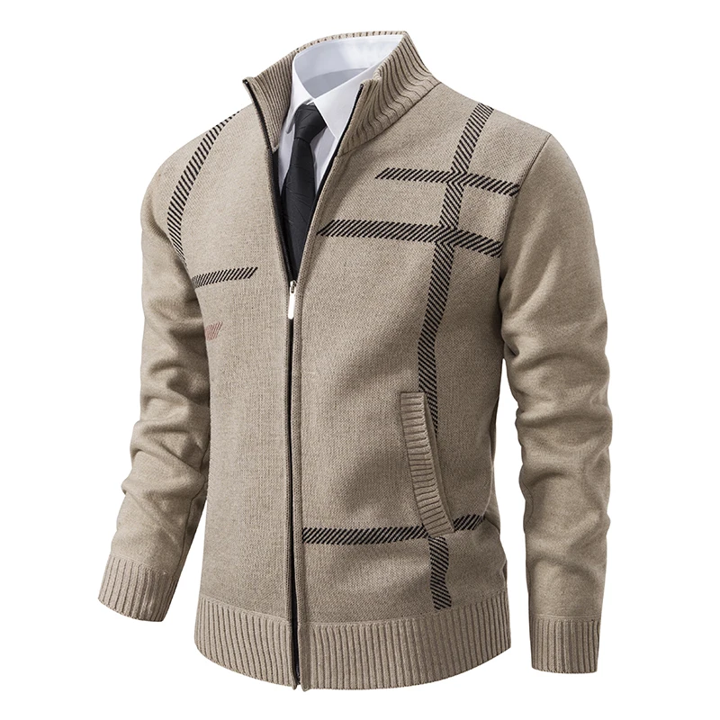 

Men Knitted Cardigan 2024 Winter Warm Thickened Wool Cashmere Velvet Turtleneck Fashion SweatersCoat Stand-up Collar Overcoat