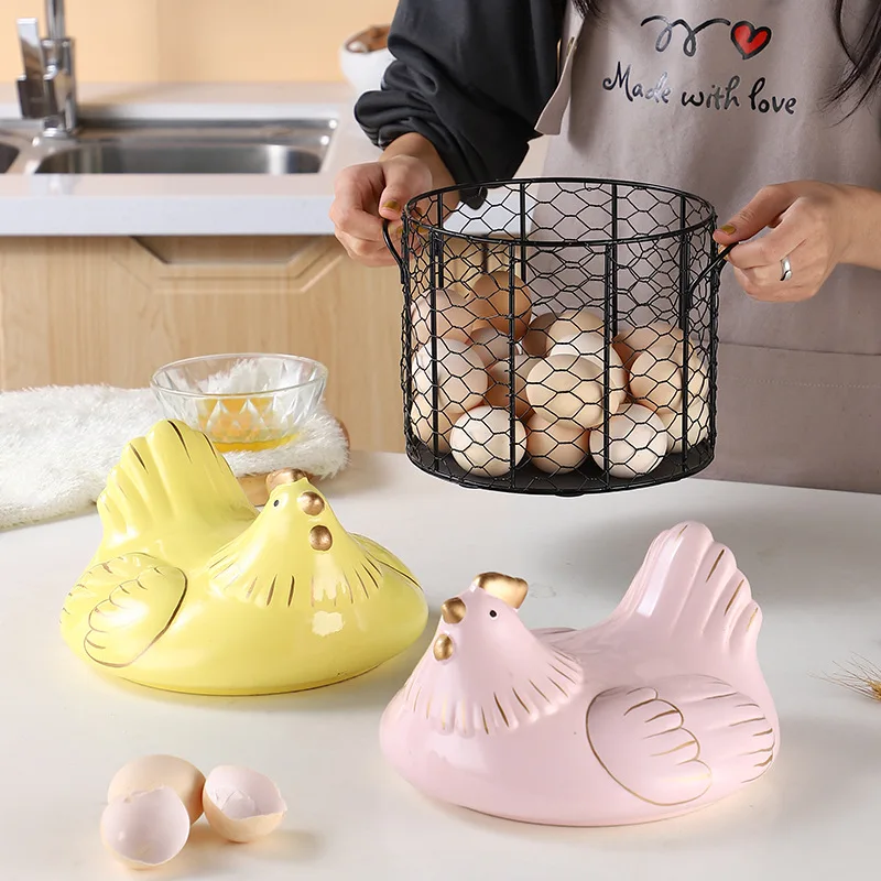 Creative Art Hen Ceramic Egg Fruit Basket Kitchen Storage Box Cute Animal Metal Garlic Potato Storage Basket Kitchen Utensils