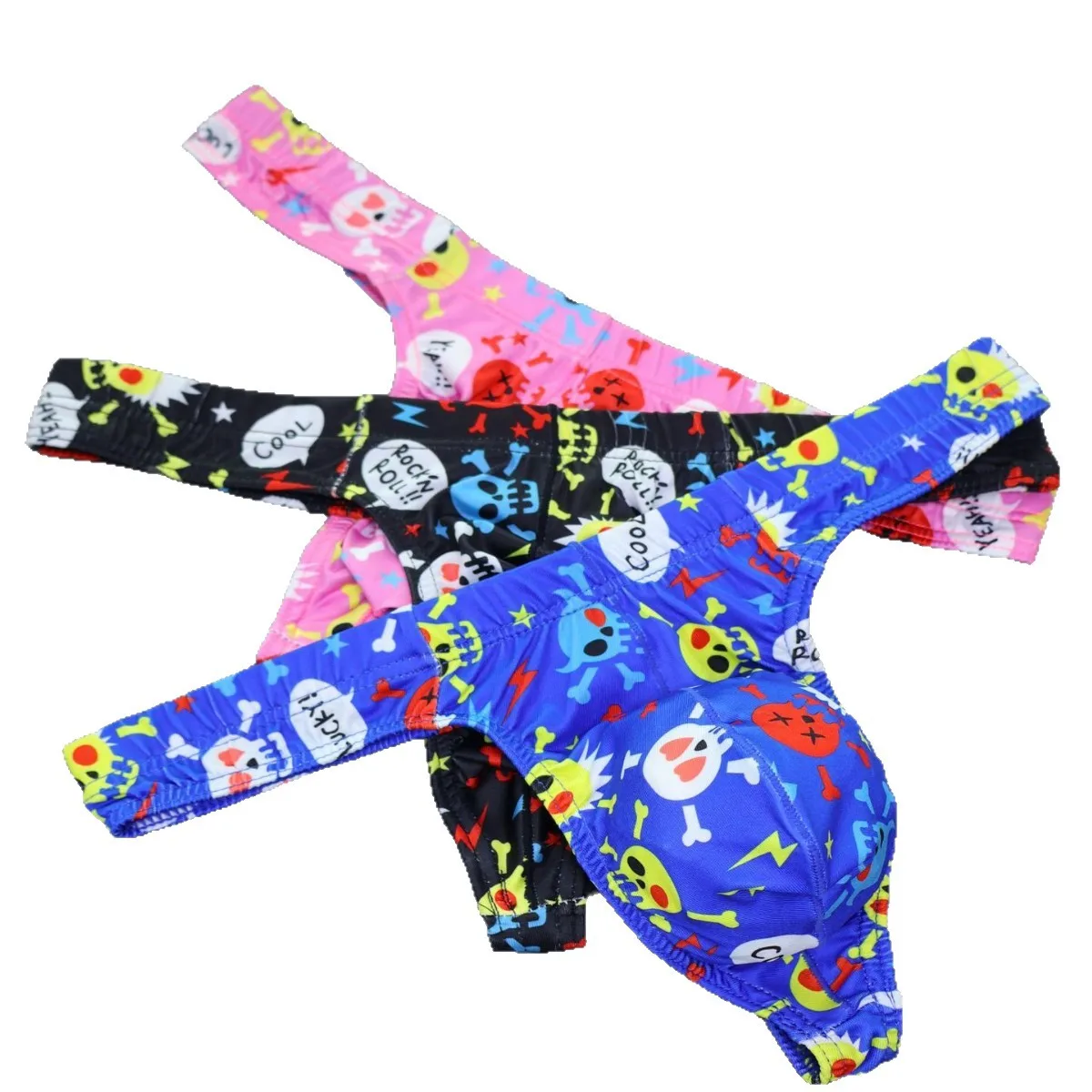 Men's Bulge Thongs Underwear Gay Sexy Low Waist U-Convex Pouch Ice Silk Printed G-String Lingerie for Men Open Buttocks Knickers
