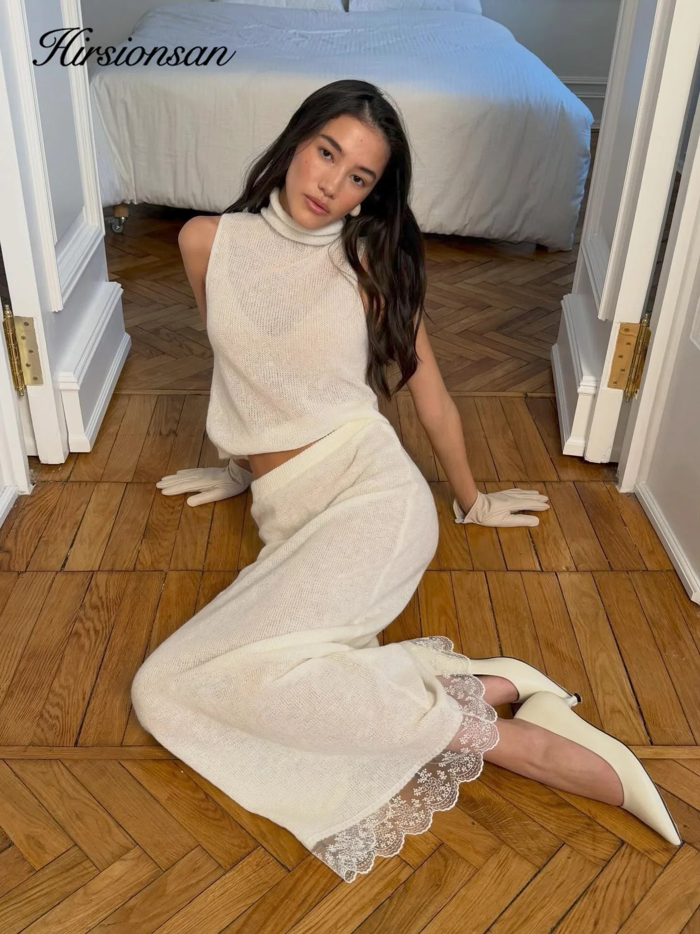 Hirsionsan סטים רכים ורפויים לנשים שני חלקים חולצות ללא שרוולים וחצאית תחרה תלבושות חלולות לנשים אלגנטיות אימונית ווסט רכה