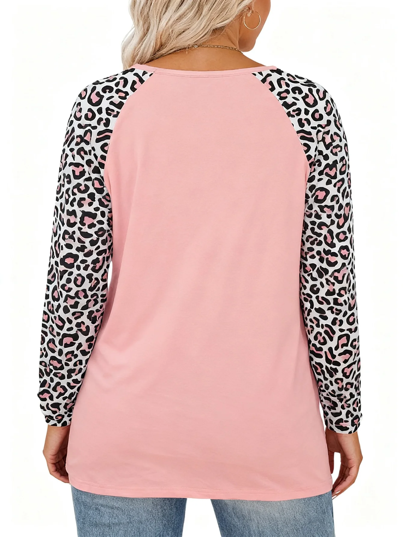 Plus Size Casual T-shirt Women\'s Plus Colorblock Leopard Print Long Sleeve V Neck Slight Stretch T-shirt