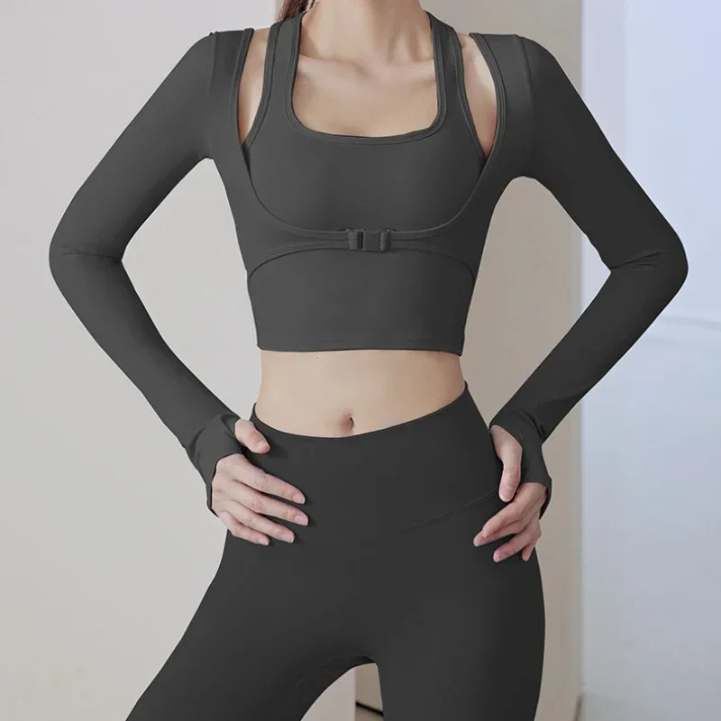 Padded Gym Long Sleeve Women Yoga Shirts Fake Two Pieces Fitness Tops with Underbust Fastener Sexy Workout Top