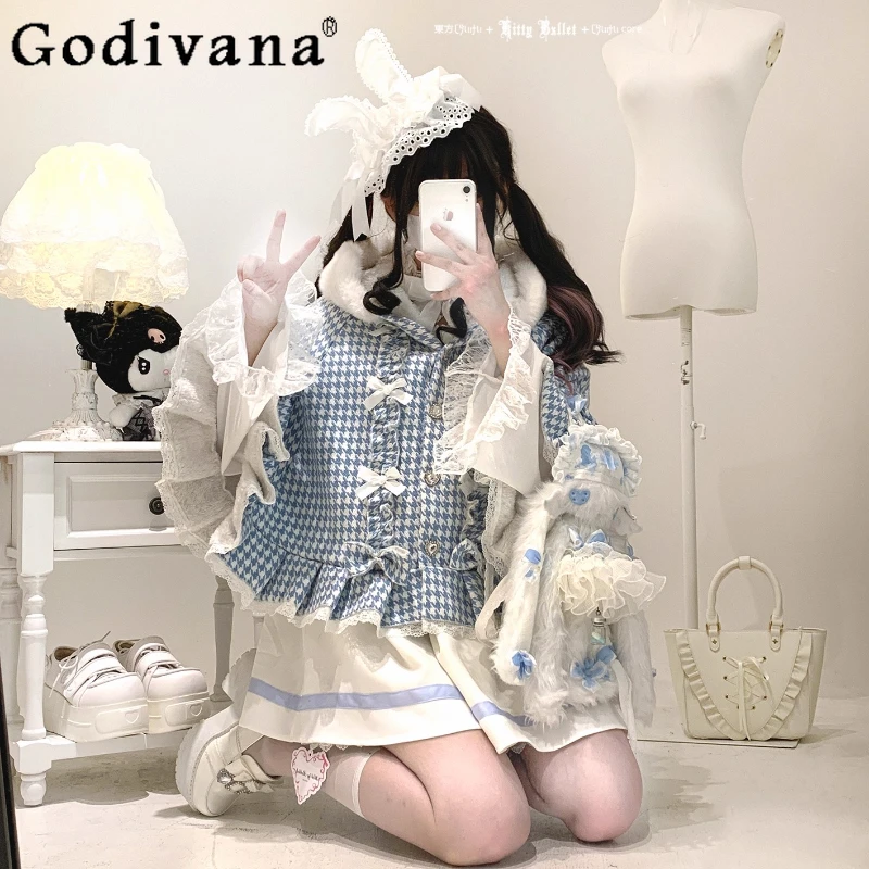 

Оригинальный японский синий клетчатый плащ с капюшоном в стиле Лолиты для девочек, зима 202, женские плюшевые теплые пончо с милым бантом, короткая куртка Y2K