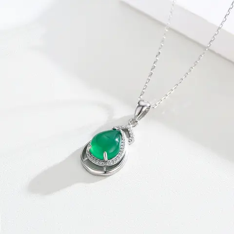 Grace 925 Sterling Silver Green Natural Chalcedony Teardrop Stone CZ Accent Charm Pendant Necklace Women Girls Jewelry Gift