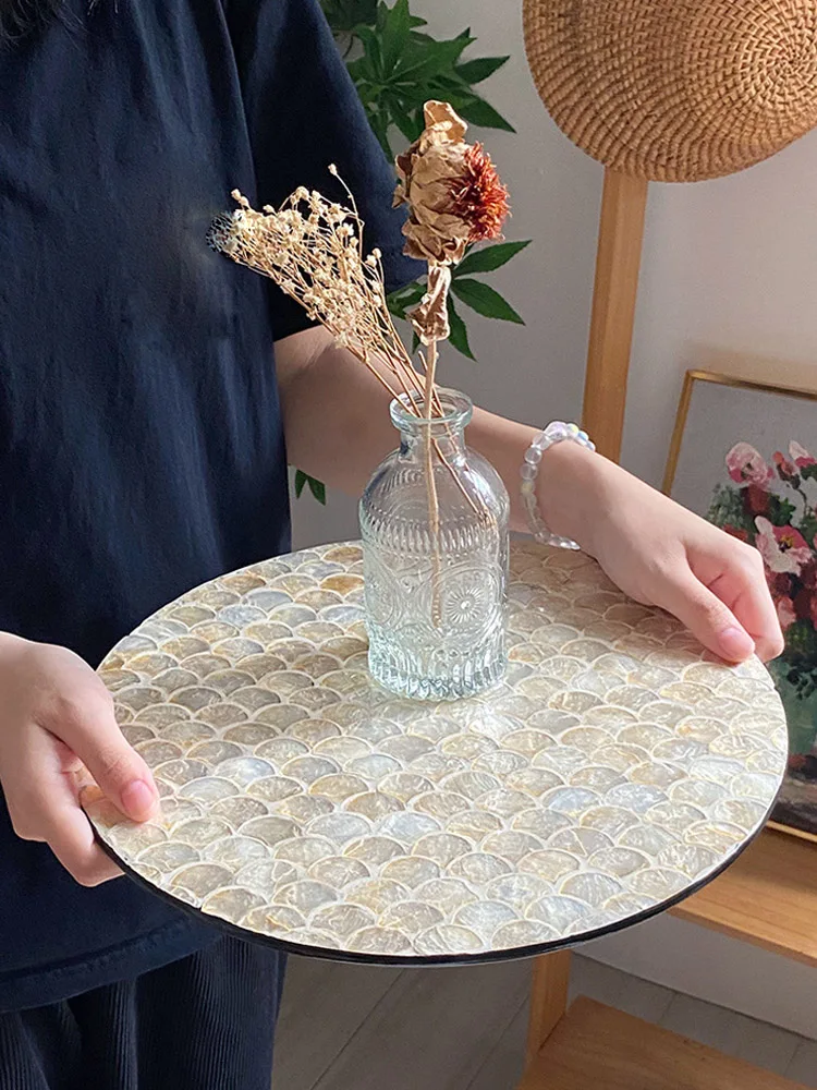 Vintage American Rattan Round Shell Tray, Coffee and Western Food Insulation Cushion, Creative Storage Trays, Living Room