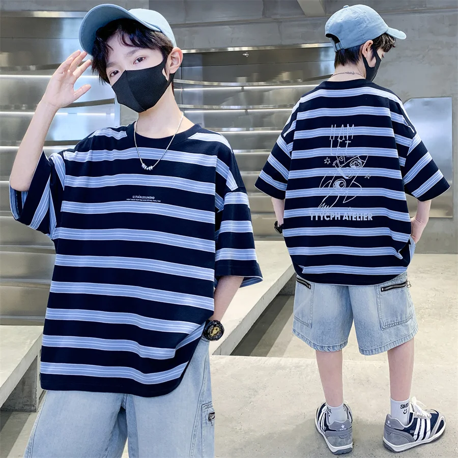 Kids Child y2k Street Tees Tops New Summer Boys Fashion Short Sleeve Cotton Striped T-shirts Student Casual Tshirt 5 6 8 12 14Y