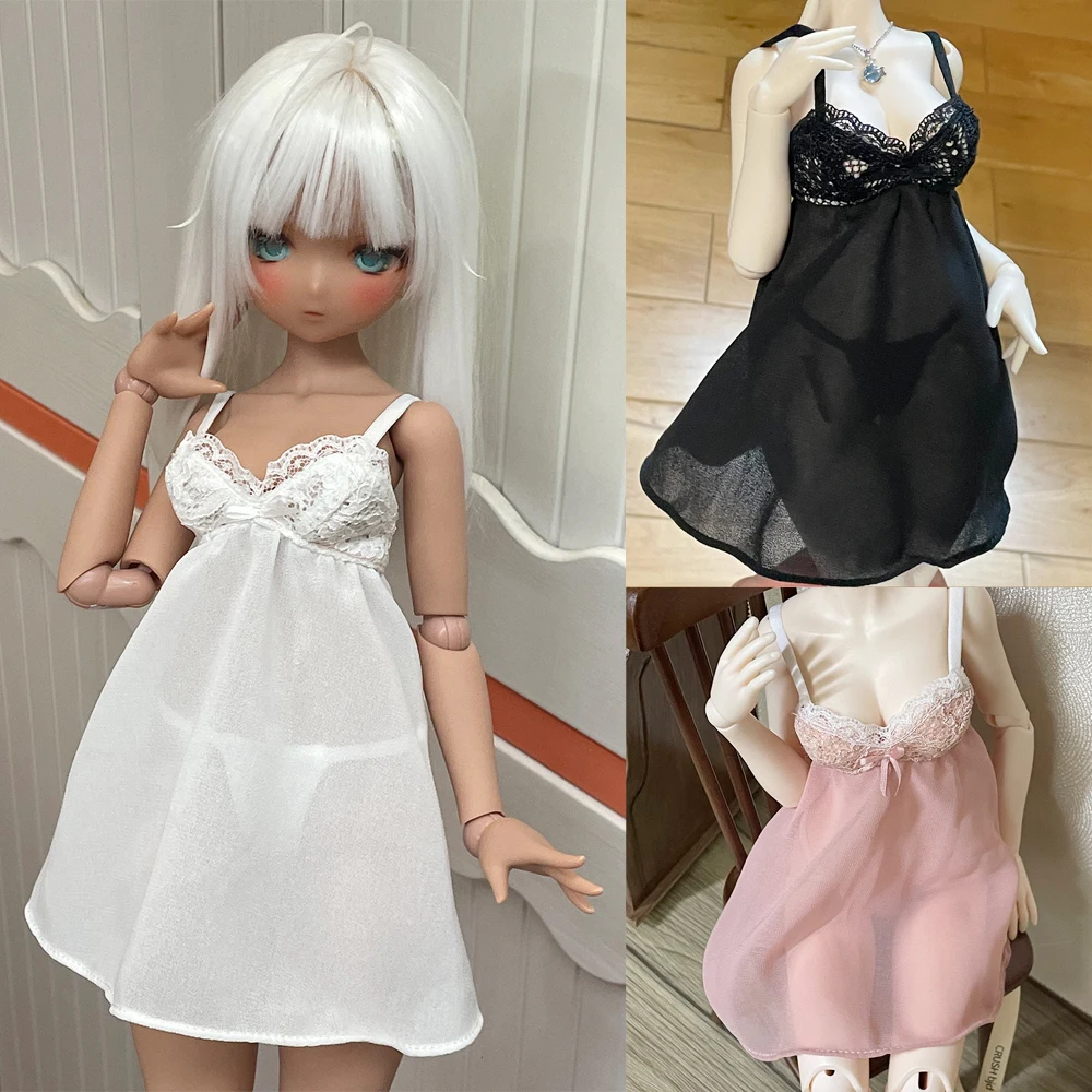 D10-P082 Children Toy BJD DD SD MSD 1/4  Doll's Clothes Black Pink White Sheer suspender nightgown 2Pcs/Set