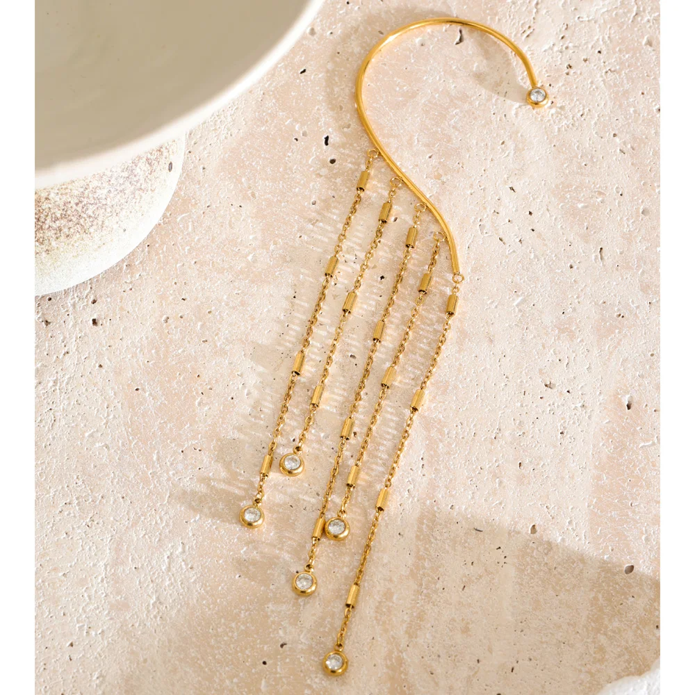 Yhpup Stainless Steel Ear Wrap Hook Earrings Zirconia Earrings Long Tassel Chain Drop Temperament Arrivals Jewelry