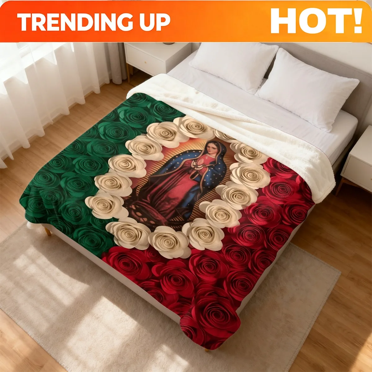 Customize Our Lady of Guadalupe in Roses Religious Icon Ultrasound-Pressed Flannel Blanket - Soft Spanish Rosary Lady for Bedspr