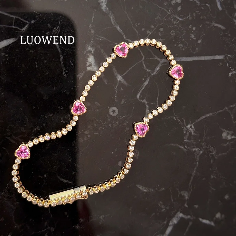 

LUOWEND 100% 18K White/Yellow Gold Bracelet Women Romantic Heart Shape Shiny Diamond Natural Pink Sapphire Bracelet Fine Jewelry