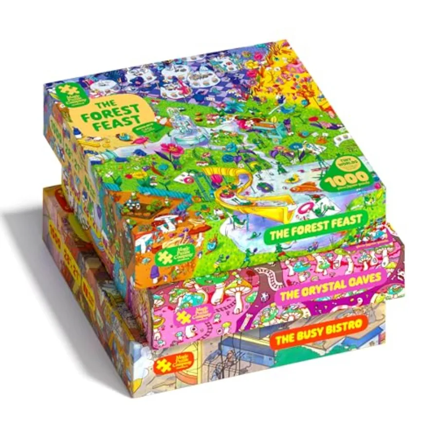 

Magic Puzzles 3-Pack Series Two The Busy Bistro The Crystal Caves The Forest Feast 1000 Piece Jigsaw Puzzles for adults Premium