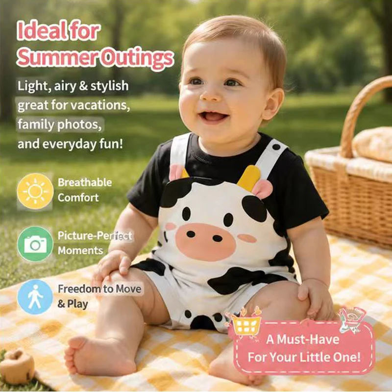 Newborn Baby Unisex Summer Cow Horn Fake Suspender Short Sleeve Spandex Stretch Wrinkle‑Resistant Daily Photo Jumpsuit 0‑18M - view 5