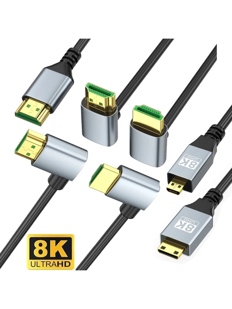 8K Mini/Micro HDMI compatible avec 90 ° Câble 2.1, compatible HDMI, pour appareil photo DSLR/PS5/PC/moniteur, Angle haut/bas/gauche/droit