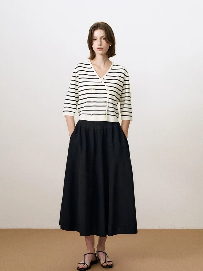 

Ele Korean Sle Loose Knitted V-Ne ort Sve Striped Open Cardigan Women's Commute Faion Slim Fit Seven Sve