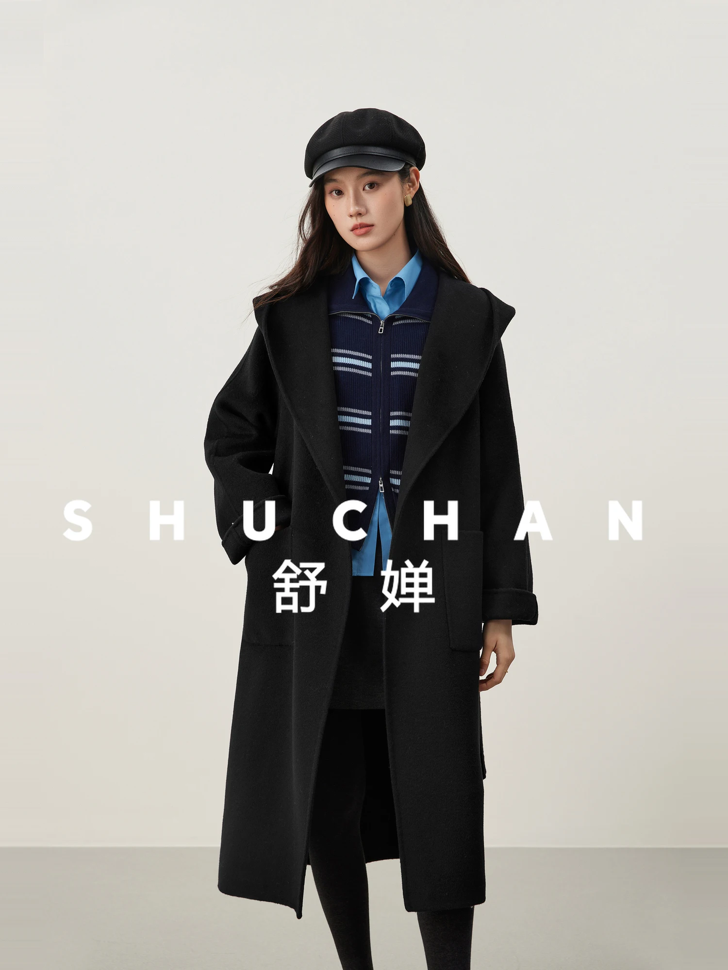 

[Life Coat] Intelligent Commuting, All-wool Cape-style Lapel-neck Hooded Bathrobe-style Belt-attached Coat Women