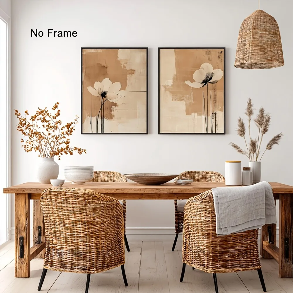 2pcs Frameless,2D Flat ,2pcs Frameless,Abstract Flower Wall Art,Neutral Minimalist Printing Decor,Abstract Plant Flower Poster,M