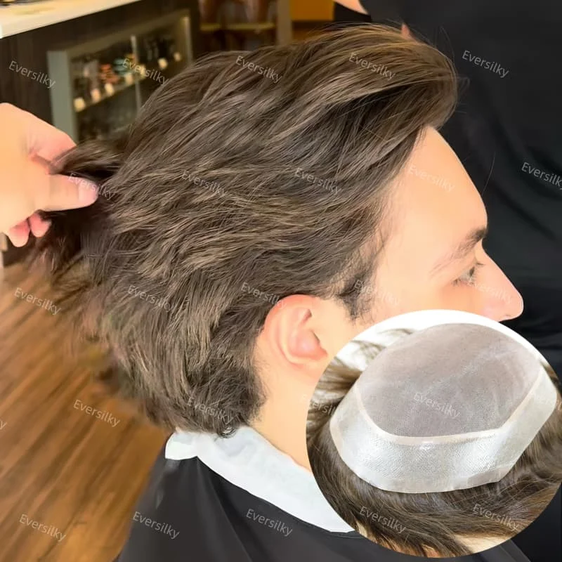 

Натуральная линия волос, супер тонкая кожа, ПУ и тонкий моно # 4-полосно-коричневый парик из 100% человеческих волос Vloop, система замены протезирования волос