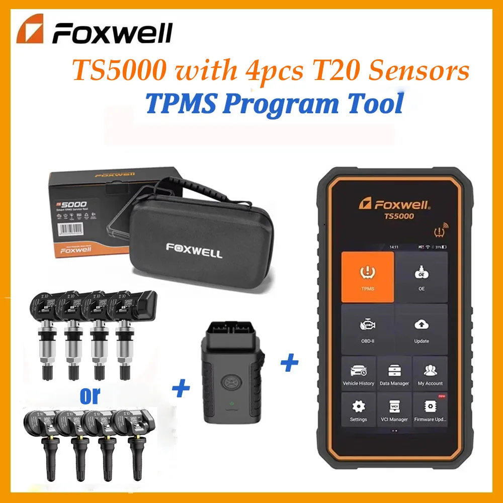 FOXWELL TS5000 TPMS Programming Tool with T20 Sensors Full System OBD2 Diagnostic Scanner Support ABS/BRT/DPF/Injector/Oil Reset