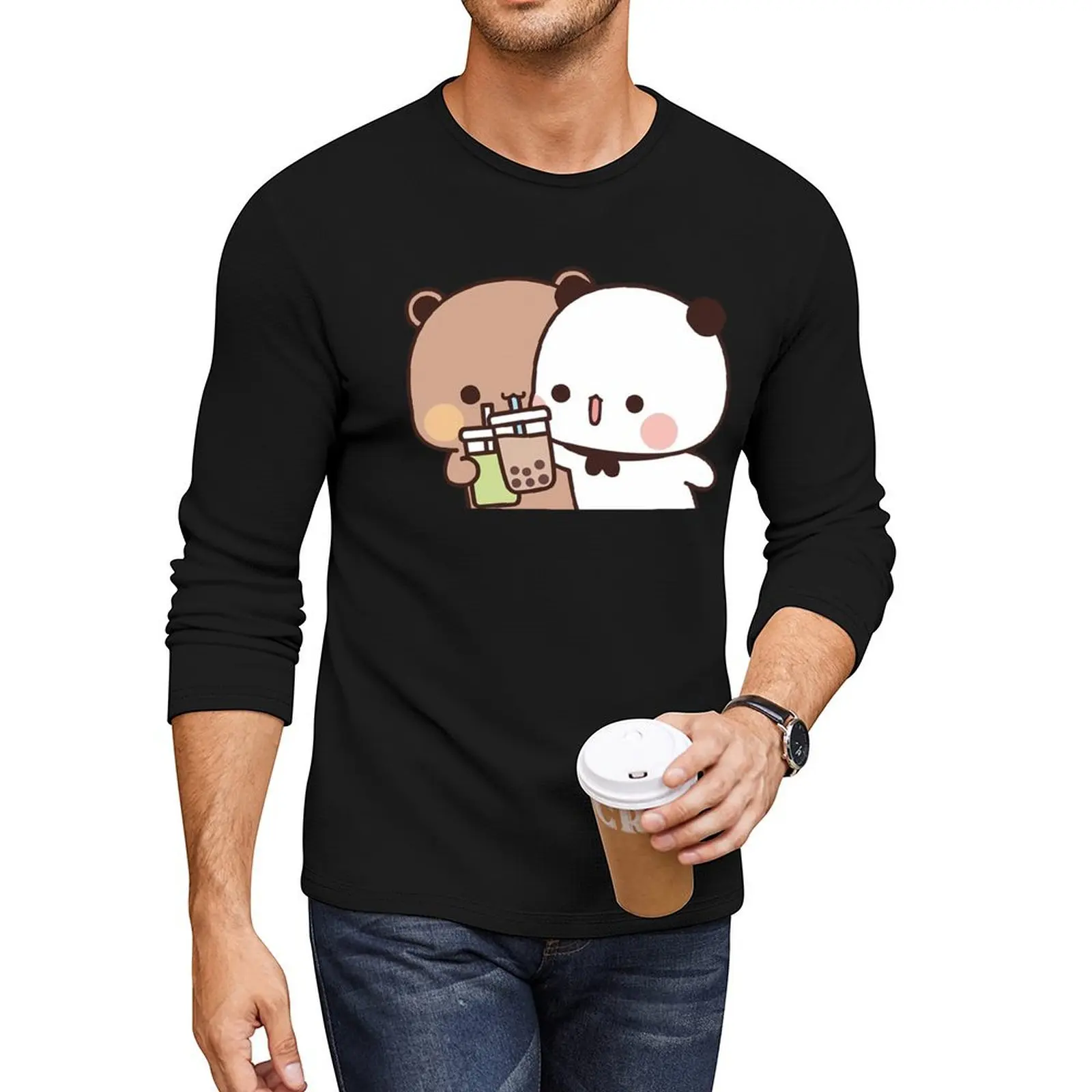 BuBu sharing her iced coffee with DuDu Bear Long T-Shirt boys white t shirts mens t shirt graphic