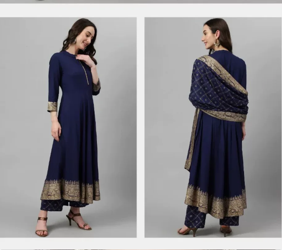 Indian ethnic traditional spring/summer printed stand-up collar cotton-silk blend three-piece set