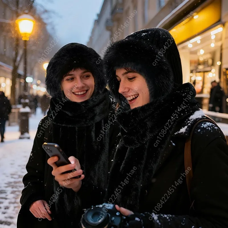 وشاح بغطاء للرأس للنساء للشتاء - قفازات وشاح من الفرو الصناعي 3 في 1 مجموعة ناعمة وسميكة ودافئة