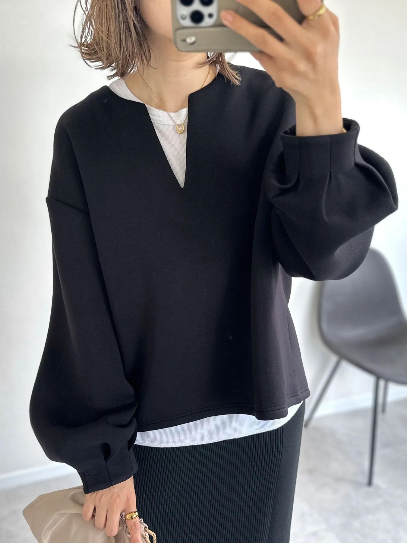 Loose Fit V-Ne Lantern Sve Sweatshirt Pure Kleur Herfst Winter Casual Veelzijdige Topjas voor Dames Street Sle