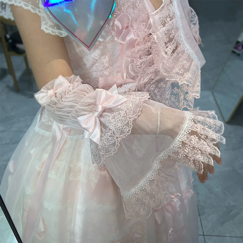 Handmade Sweet Lace Bow Arm Sleeves Pink Princess-style Lolita Elegance Fairy Arm Sleeves Y2K Japanese Style Oversleeves - view 3