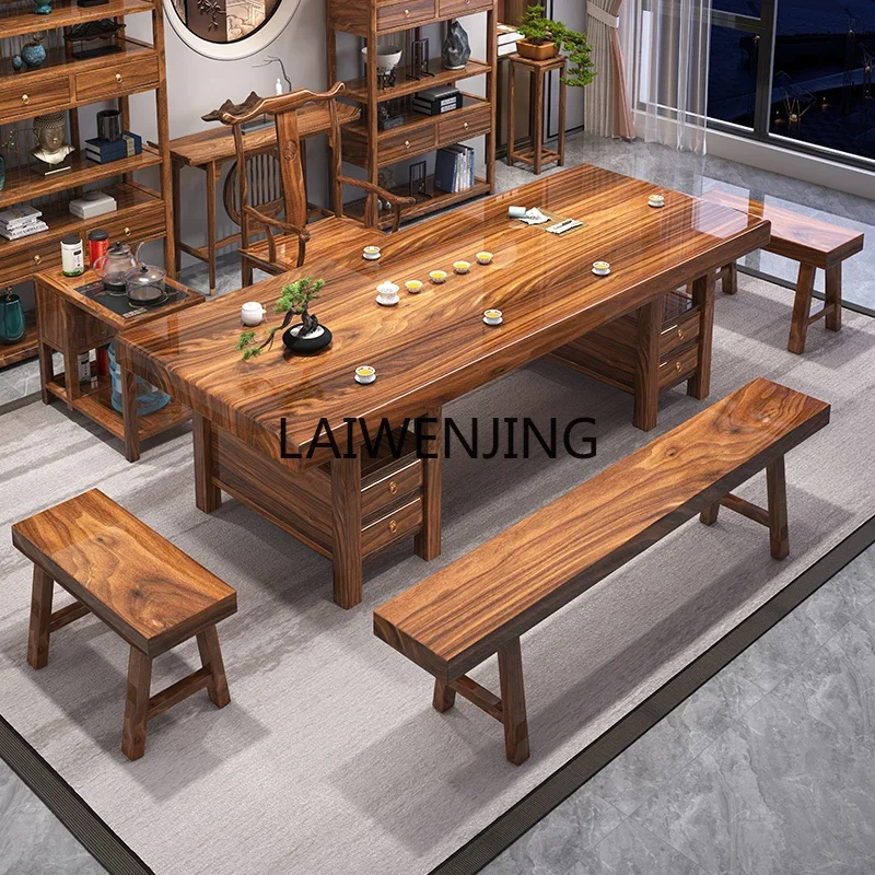 LYN all solid wood large board tea table and chair combination new Chinese whole board whole cut log tea table