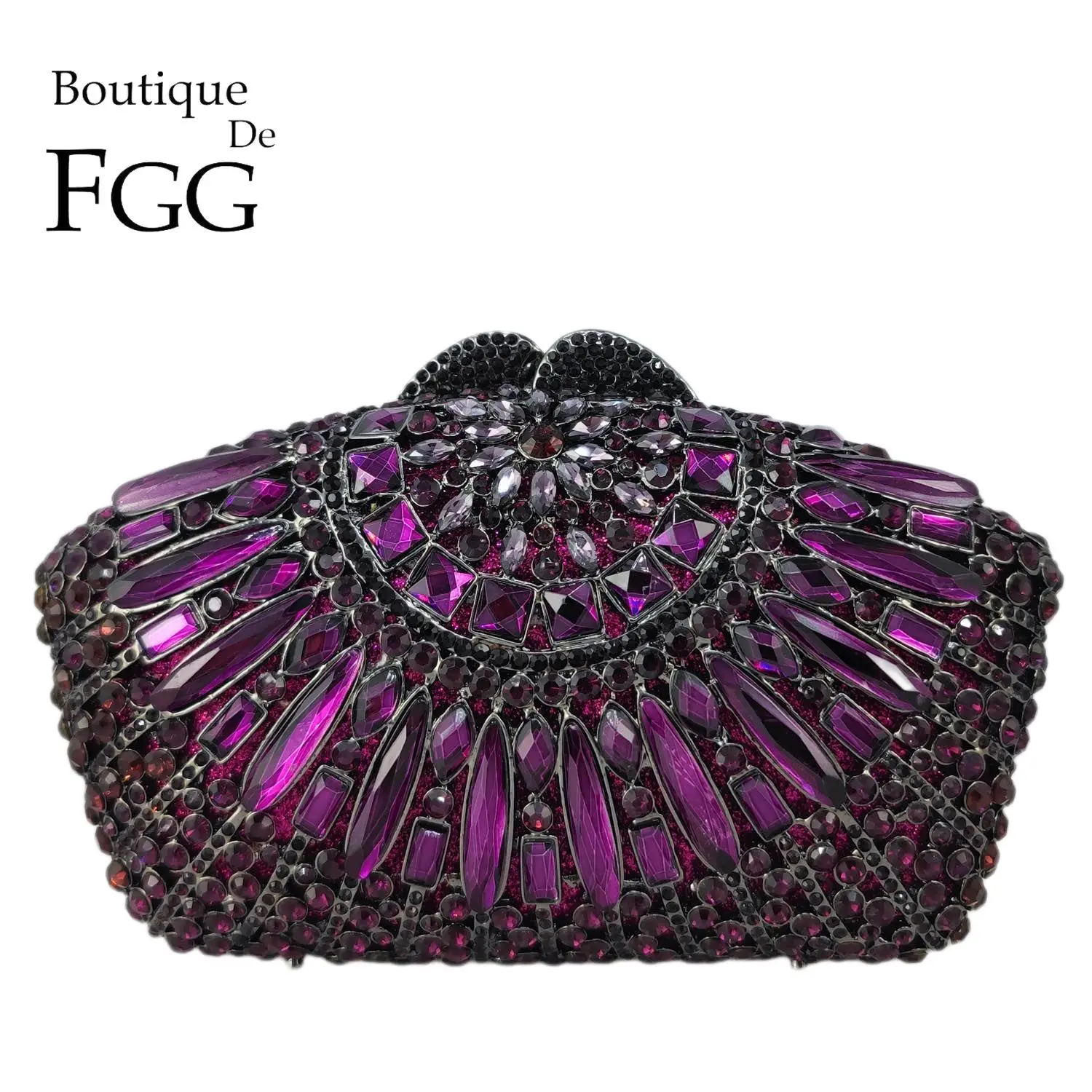 

Boutique De FGG Purple Necklace Shape Women Crystal Clutch Evening Bags Wedding Bridal Rhinestone Handbag Party Dinner Purse