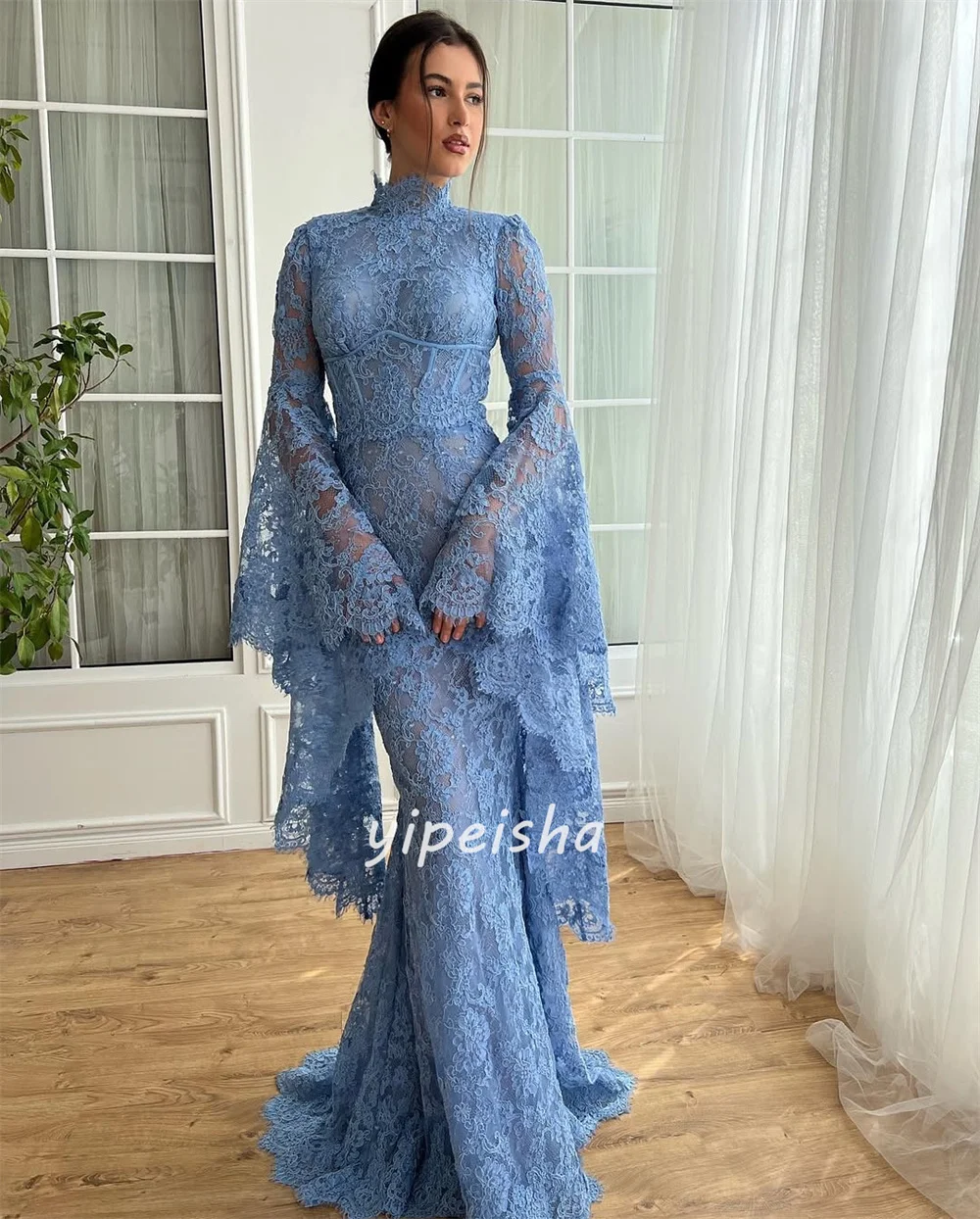 Customized High Quality Intricate Lace Ruched Mermaid High Collar Long Dresses Bespoke Occasion Dresses Sizes Available Classic